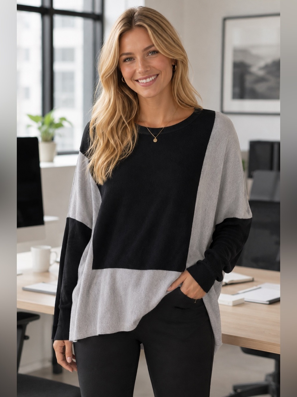 273  Aaeda Color Block Sweater Black Grey Ribbed Knit Fitted Sleeve L/XL